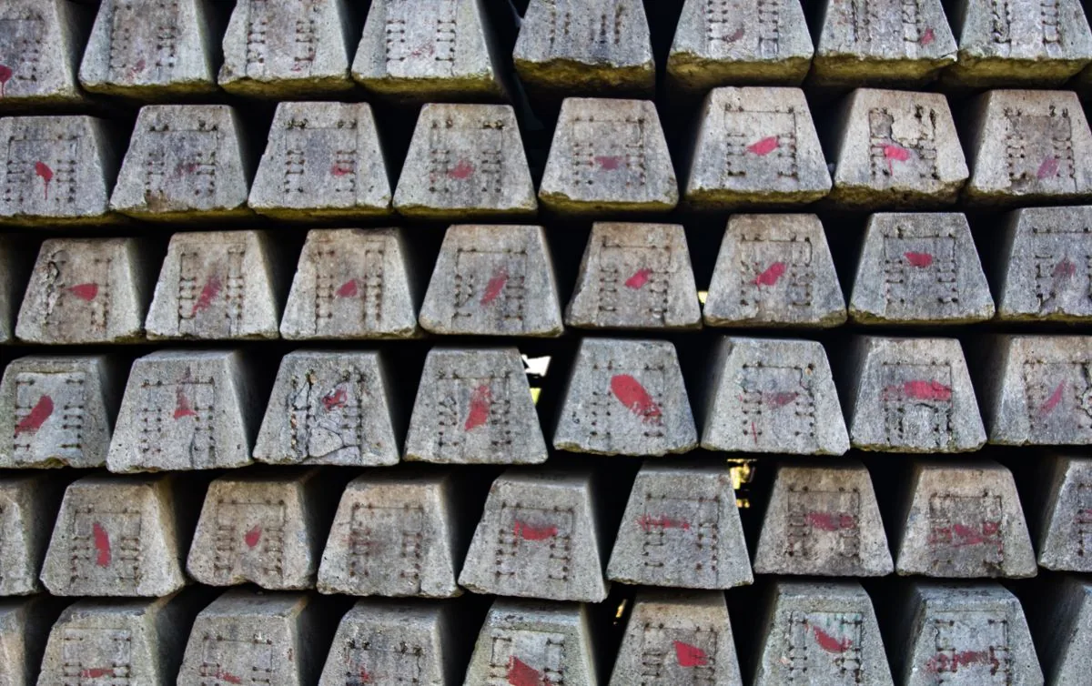 Stock photograph of stacked concrete building blocks